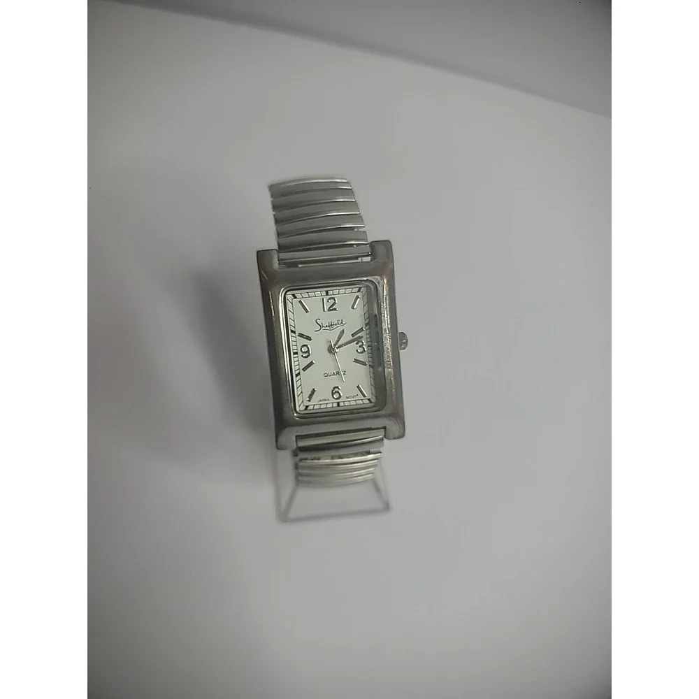 Vintage Sheffield Wristwatch Watch Silver Tone Elastic‎ Metal Band Womens